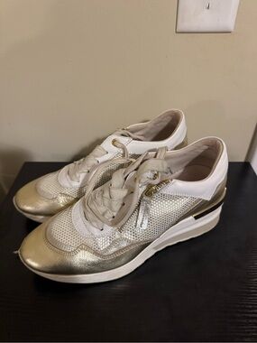 Ron White Metallic Gold and White Women's Wedge Sneakers